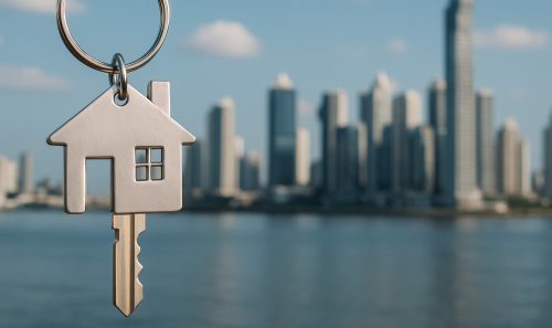 Llave de casa con fondo del skyline de la ciudad en Panamá, simbolizando la oportunidad de comprar casa siendo soltero.