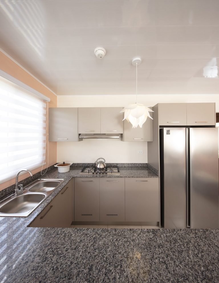 Cocina abierta con estufa empotrada y extractor.