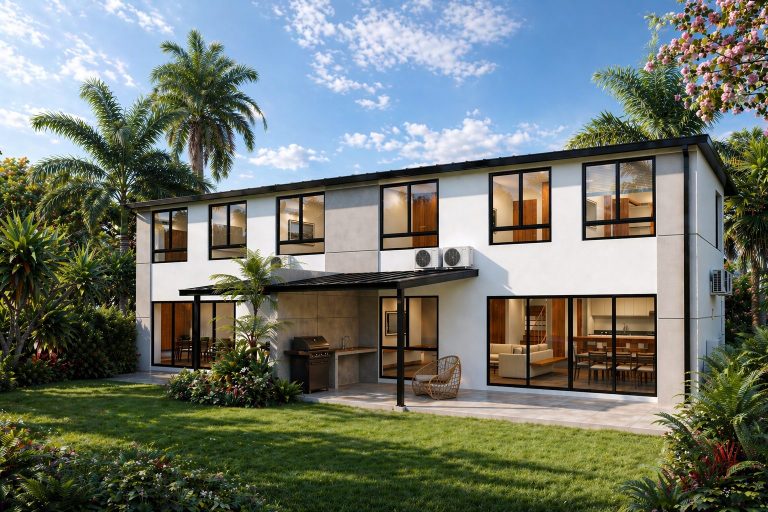 Fachada posterior con terraza cubierta y jardín privado.
